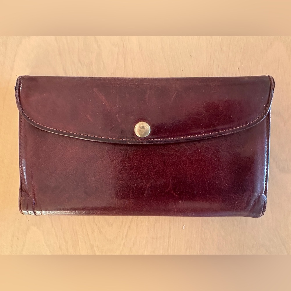 Vintage Coach deep brown leather long trifold snap wallet